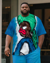 Big & Tall Men's Blue Cartoon Graffiti Print Round Neck Short Sleeve T-Shirt Shorts Suit